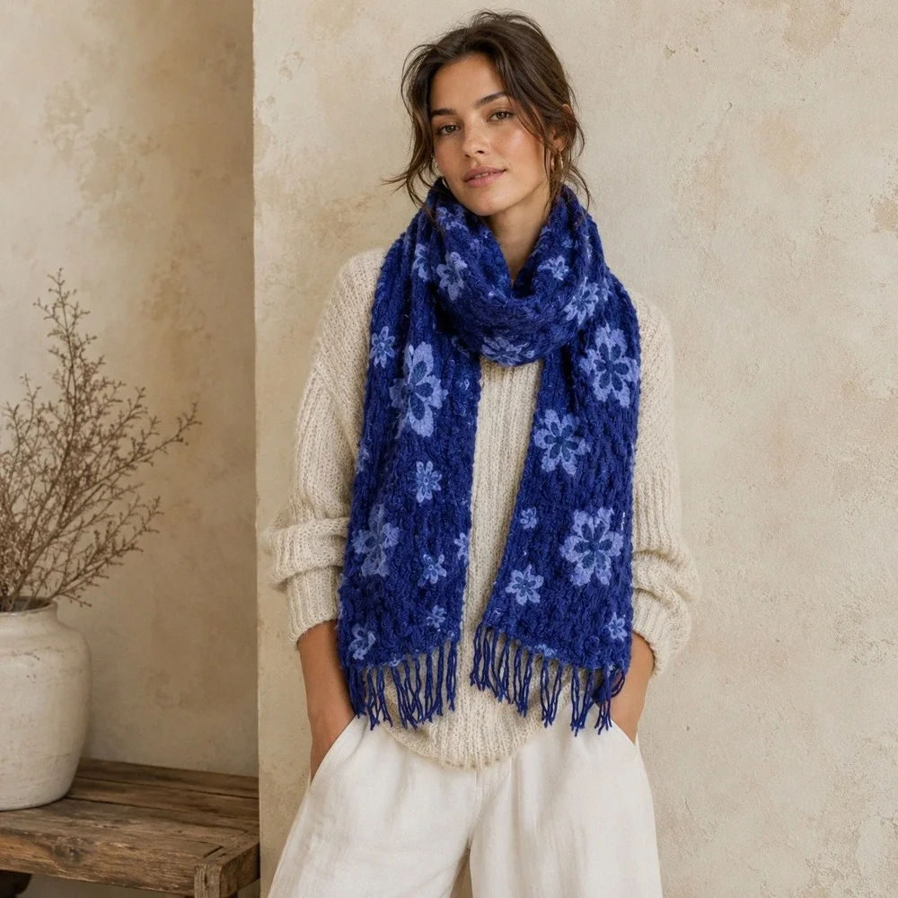 Boho Cottagecore Floral Popcorn Knit Scarf Blue Y2K Fringe Cozy